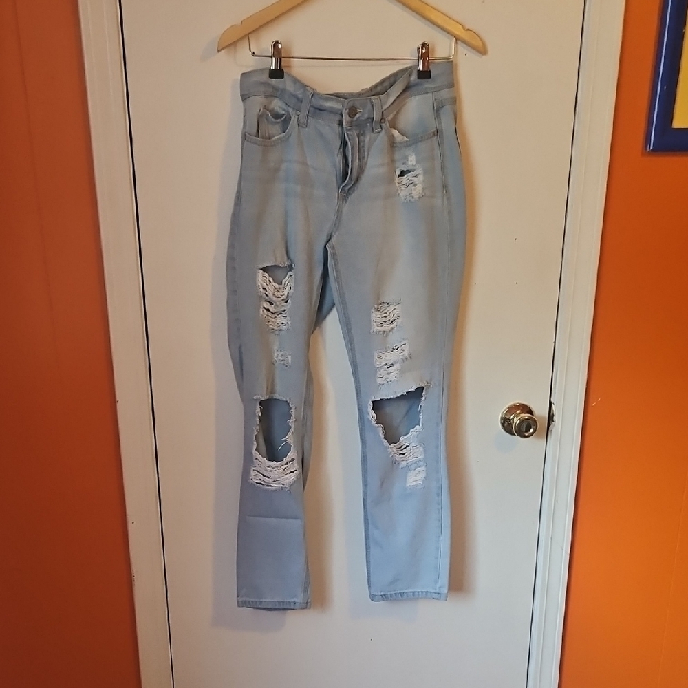 Straight Leg Blue Jeans with Light Wash Distressing
